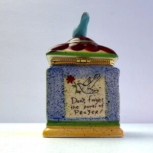 Ceramic Blue Bird Hinged Prayer Trinket Box Have Faith Religious Gift Multicolor
